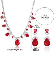 1 Set Red Teardrop Jewelry Set: Necklace + Earrings, Eye-Catching Accessory For Evening Party - Multicolor - View 3