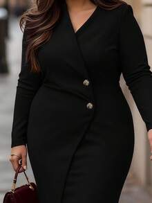 1pc Plus Size Long Sleeve V-Neck Dress, Suitable For Work, Office, Wedding Guest, Autumn Black Spring - Black - View 6