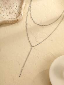 Layered Y-Shaped Double Strand Necklace For Women, Minimalist & Versatile, Elegant For Parties & Gatherings - Silver - View 5
