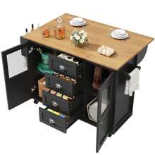 Kitchen Island, Kitchen Cabinet, Sideboard, 120x73(45)X93cm, Extendable Kitchen Trolley With Wheels, Towel Rail, Spice Rack, Adjustable Shelves, Two Doors, Four Drawers, White/Black