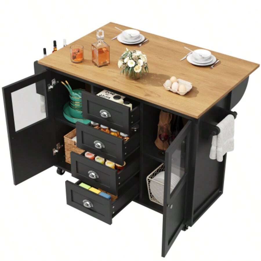 Kitchen Island, Kitchen Cabinet, Sideboard, 120x73(45)X93cm, Extendable Kitchen Trolley With Wheels, Towel Rail, Spice Rack, Adjustable Shelves, Two Doors, Four Drawers, White/Black