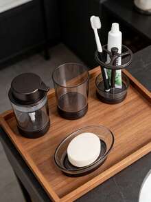 Juego de 4 Piezas de Accesorios de Baño - Incluye Portacepillos de Dientes, Dispensador de Jabón, Jabonera, Vaso para Enjuague y Botella Recargable, Perfecto para el Baño - marrón - Ver 1