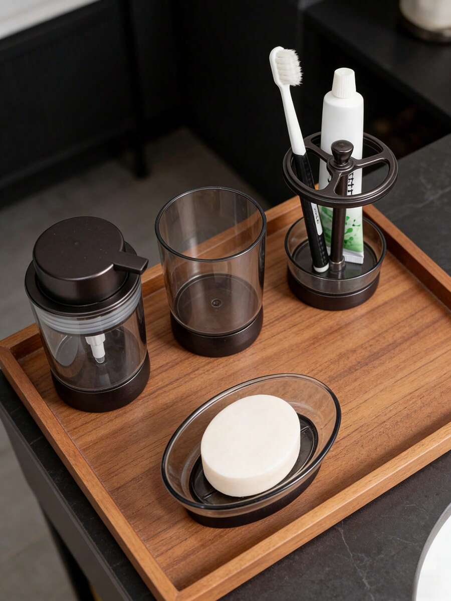 Juego de 4 Piezas de Accesorios de Baño - Incluye Portacepillos de Dientes, Dispensador de Jabón, Jabonera, Vaso para Enjuague y Botella Recargable, Perfecto para el Baño - marrón - Ver 1