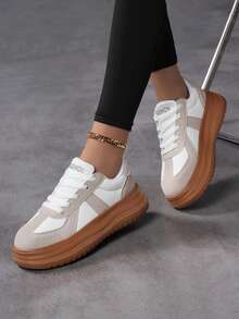 1双青少年休闲真皮运动鞋，厚底防滑，舒适柔软内衬，简约日常穿着滑板鞋 - 卡其色 - 查看 2