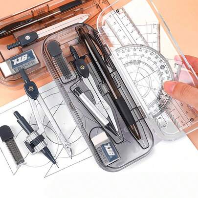 Juego de 8 Piezas de Geometría con Compás Metálico, Transportador, Reglas y Plantillas - Modelo Transparente 8328 de 17x7 cm (6.69"x2.75") - Ideal para Estudiantes, Oficina, Regalos Escolares y Navidad