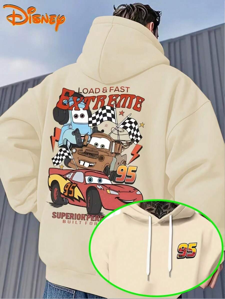 Men's Hoodies-Extreme Acceleration McQueen Cartoon Pattern Pullovers, Loose Hoodies In Front Pockets, Suitable For Casual Wear, Disney's Birthday Gifts, Travel Clothes, Playful Design, Comfortable Fabrics, Fan Clothes, Movie Lovers, Home Clothes, Durable Materials, Printed Jerseys, Men's. - Apricot - View 1