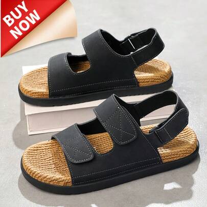 男士魔术贴凉鞋，户外休闲沙滩鞋，简约纯色平底勃肯鞋款凉鞋，夏季