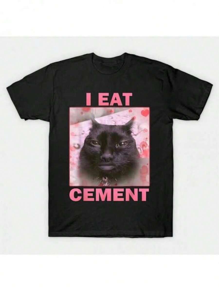 Men's Summer Casual 180g Pure Cotton T-Shirt 1pc Men's Funny Construction Worker T-Shirt - Bold I Eat Cement & Black Cat Graphic - Heavy Industry Humor Apparel - Heavyweight Crew Neck Short Sleeve Tee - Construction Site Gift For Builders, Contractors, Cement Workers - All-Season Comfort Fit Workwear Shirt - Durable Casual Blue Collar Top With Cement Mixer Design (Ideal Construction Birthday Gift) Summer Ropa De Hombre Graphic Tee  Mardi Gras Valentine's Day Shirts Breathable Cotton Crew Neck T-Shirt, Designed For Outdoor Life, Journeys, Hiking Trails, And Everyday Relaxed Style - Black - View 1