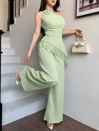 abyoxi Women's Pea Green Sleeveless One-Shoulder Top With Wide-Leg Pants 2-Piece Set, Ruched Waist Design, Lace Patchwork Asymmetric Hem, Sexy & Elegant, Suitable For Work Commute, Daily Outing, Formal Evening, Date, Party, Valentine's Day And Other Occasions, Bodycon Top With Pants Spring/Summer Outfit