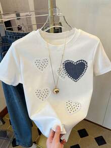 Tricou de damă cu guler rotund, model plus size, în formă de inimă, din denim, cu imprimeu, potrivit pentru ținute de primăvară/vară, alegere bună pentru naveta zilnică, material confortabil și respirabil, alb, casual - alb - Vizualizare 1