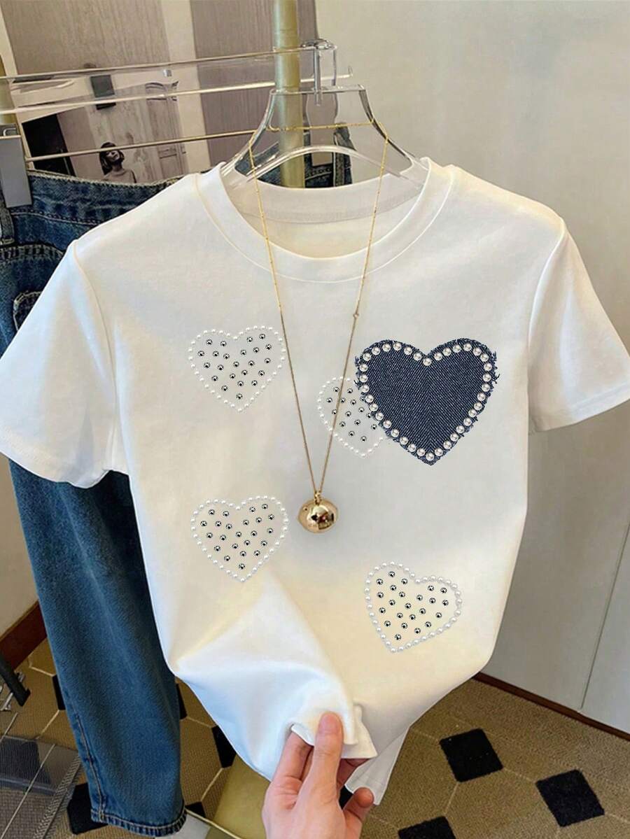 Tricou de damă cu guler rotund, model plus size, în formă de inimă, din denim, cu imprimeu, potrivit pentru ținute de primăvară/vară, alegere bună pentru naveta zilnică, material confortabil și respirabil, alb, casual - alb - Vizualizare 1