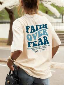 1pcs Plus Size Women's T-Shirt, Printed With "FAITH OVER FEAR" And Bible Verse Designs On The Back, Suitable For Church Services, Religious Activities - 杏子 2 - 查看 6