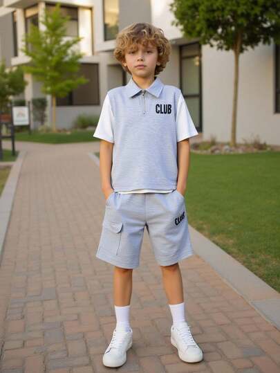 男童休闲时尚印花衬衫领卫衣和纯色印花短裤三件套，春夏款