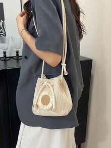 Sunflower Fashion New Shoulder Crossbody Bag Handbag Commuter Bag Drawstring Bucket Bag Minimalist Stylish Sunflower Shoulder Bag - Beige - View 1