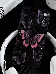Fashionable, Popular, Personalized, Pink & Purple Butterfly With Leaf Pattern Design Theme Luxury Shockproof Aesthetic Cute Phone Case, Lens Protrusion Protection, Compatible With IPhone 17/17Pro/17Pro Max, 16, 15, 14, 13, 12, 11 Plus/Pro Max And Series, And Compatible With For Galaxy S/A Series, Gift For Easter Day, Christmas Halloween Decoration/Gift For Birthday, Girlfriend, Boyfriend, Friend Or Yourself. - Black - View 5