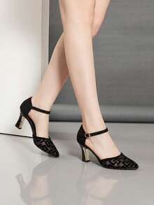 女士新款粗跟带水钻镂空尖头高跟鞋，春夏款 - 黑色 - 查看 2