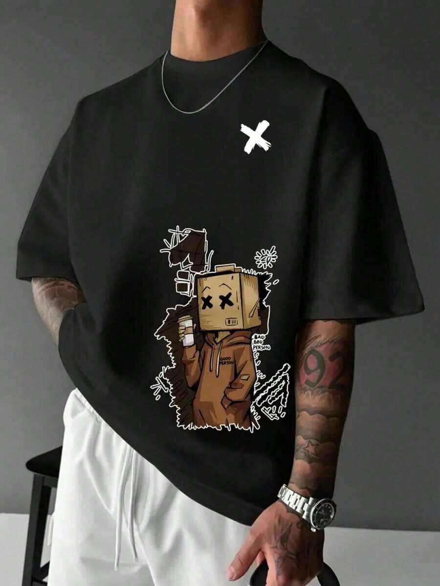 Men's Adult Children's Plus Size Casual Streetwear T-Shirt 100% Cotton Person Cardboard Box Boy Cartoon Bag - màu đen - Xem 1