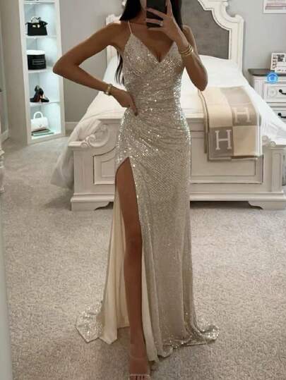 Women's Elegant Solid Color Sequin Asymmetric Ruffle Hem High Slit Dress, Suitable For Banquet, Party, Wedding, Bridesmaid And Other Occasions