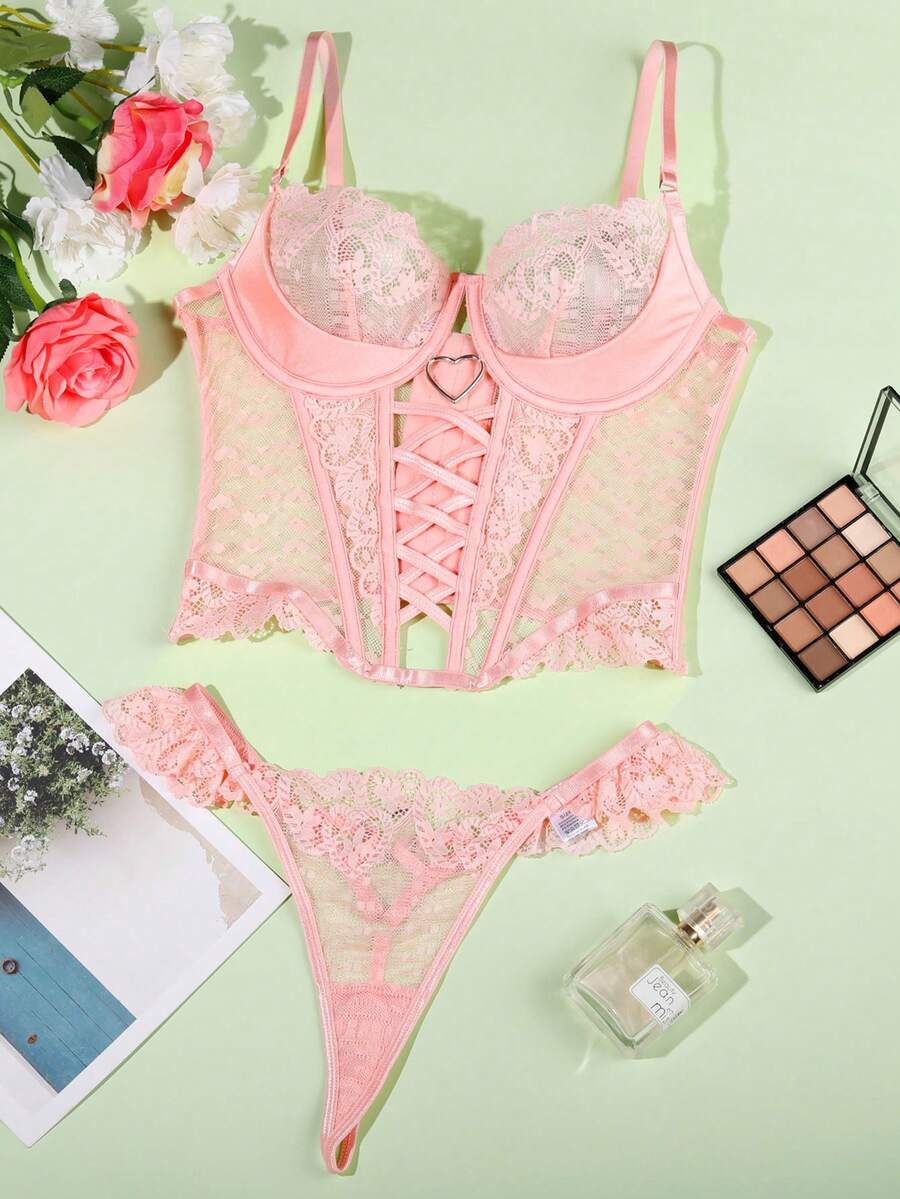 Bộ 2 món đồ lót nữ gợi cảm, ngọt ngào, màu hồng chấm bi, ren buộc dây, có đệm ngực và quần lọt khe. - Hồng - Xem 1