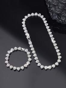 2 pièces/set Bracelet et collier romantique, charme classique hip-hop, élégant et brillant en forme de cœur. Bijoux de mode pour femmes, convient pour les fêtes, les mariages, les festivals de musique - cadeau parfait pour la Saint-Valentin, l'amitié, l'épouse ou la petite amie - A - Voir 1