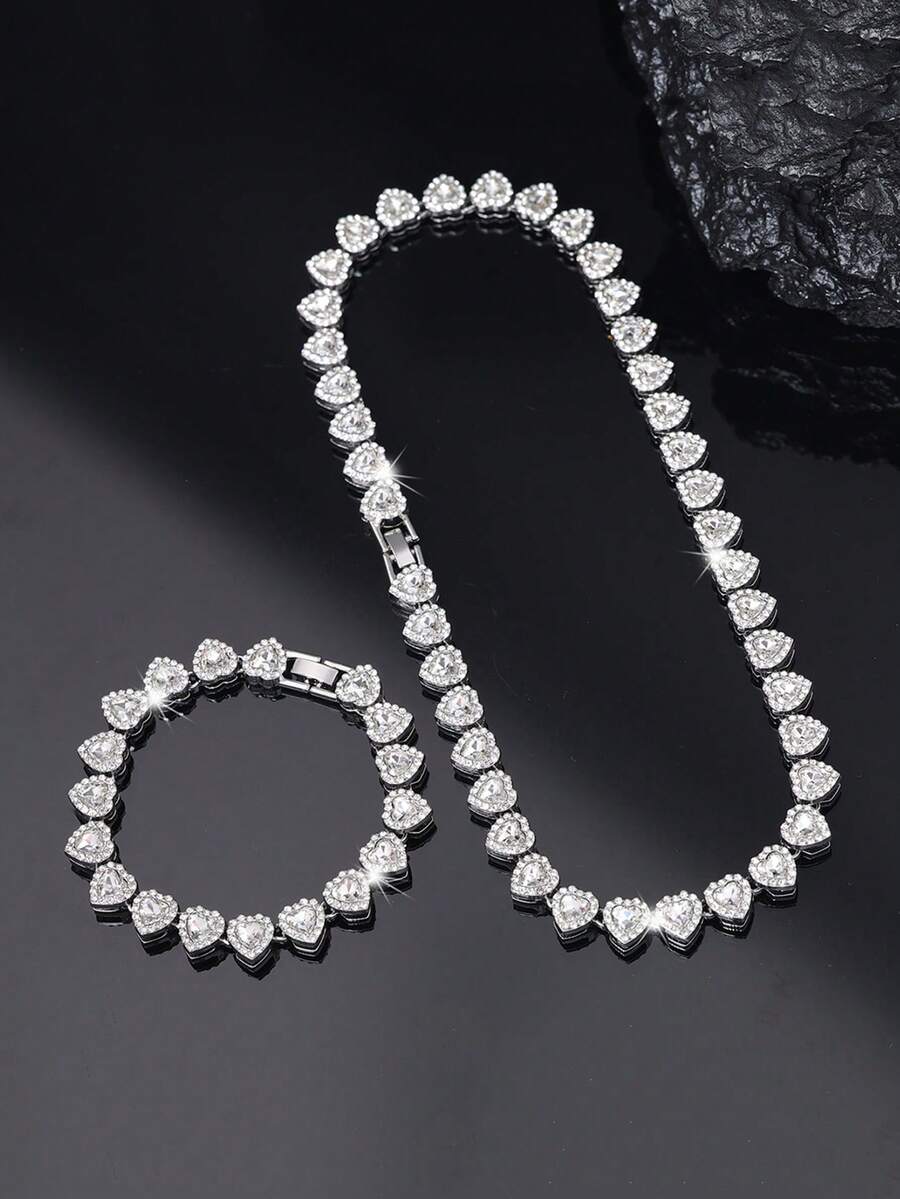 2 pièces/set Bracelet et collier romantique, charme classique hip-hop, élégant et brillant en forme de cœur. Bijoux de mode pour femmes, convient pour les fêtes, les mariages, les festivals de musique - cadeau parfait pour la Saint-Valentin, l'amitié, l'épouse ou la petite amie - A - Voir 1