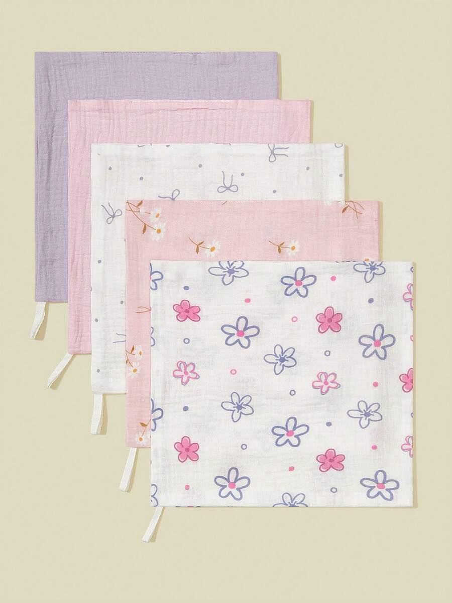 5条装 花卉卡通动物印花婴儿棉纱布围兜，喂食巾，口水巾 - 彩色 - 查看 1