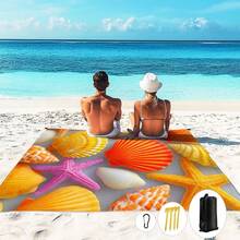 1pc 185*235CM Vibrant Starfish & Shell Print Waterproof Sand-Proof Beach Blanket, Lightweight & Durable For Beach, Vacation, Travel, Outdoor Camping, Picnic - Multicolor - View 1