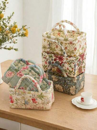 1Pc Floral Print Quilted Storage Basket Large Capacity Portable Storage Bag Foldable Snack Basket With Handle For Women And Girls Cosmetic Storage Basket Toy Storage Basket Skincare Storage Basket Women Makeup Storage Multifunctional Storage Basket Cosmetic Organizer Home Decor Livingroom Bedroom Decor Bathroom Decor(Please Note The Size; This Is A Small Storage Basket)