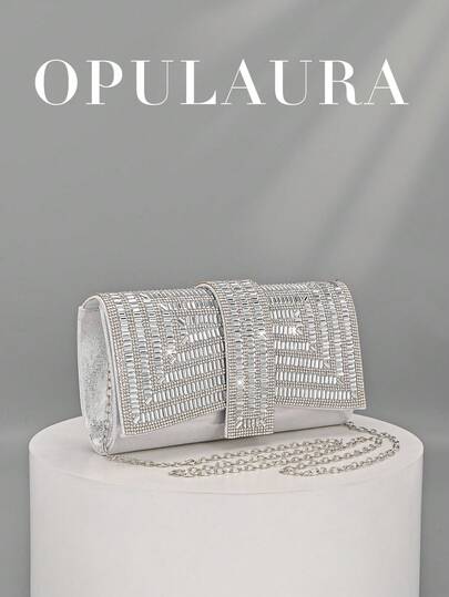 1 st OpulAura lyxig silverfärgad axelväska med kedja och glittrande diamantdekor, magnetisk stängning, elegant modeval för kvinnors födelsedagsfester och charmiga kvällar