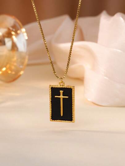 1PC Black Enamel Cross Pendant Necklaces For Men Women Gold Color ‌Stainless Steel Square Cross Necklace Religious Jesus Ramadan Jewelry Gift