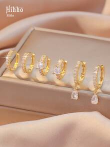 Hihho 3對/套方晶鋯石裝飾耳環 - 金黃色 - 查看 6