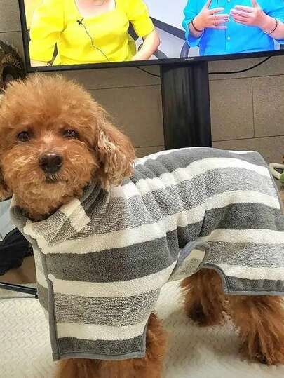 1pc Gray & White Pet Bath Towel/Robe, Absorbent & Quick Dry Dog Cat Bathrobe, Pet Supplies