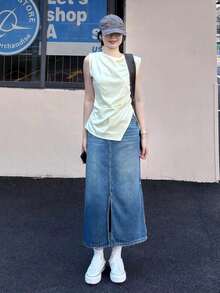 休闲时尚水洗开衩中长牛仔裙 春季 - 霧霾藍 - 查看 3