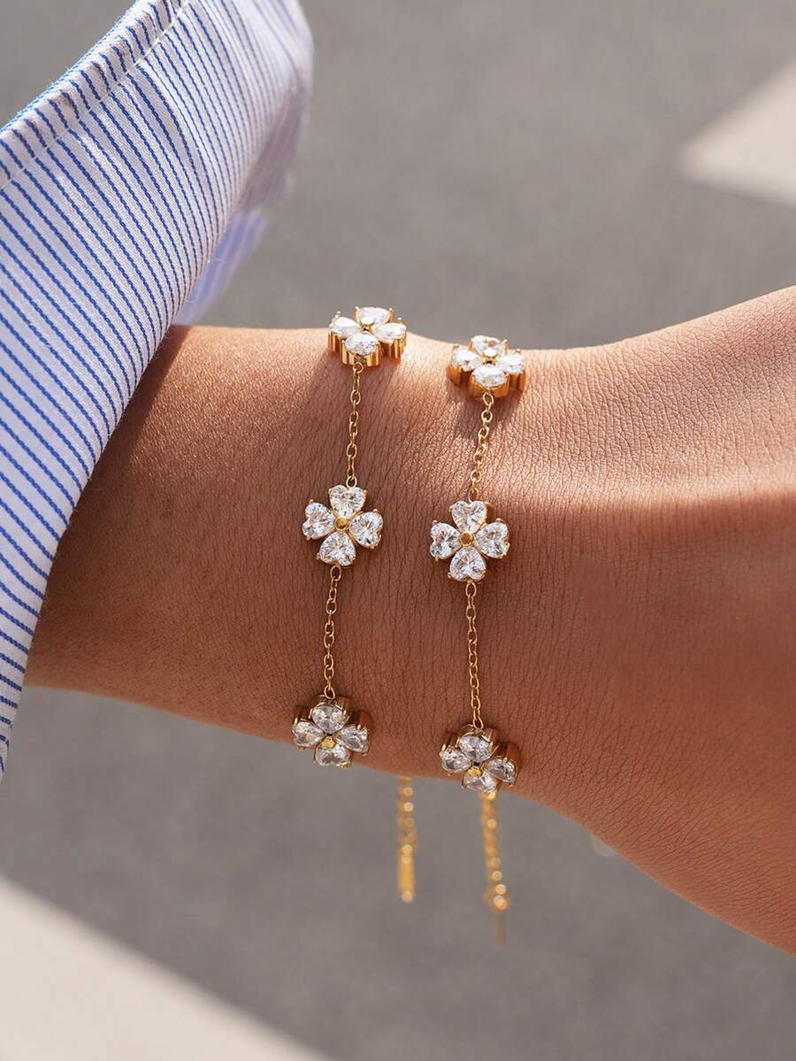 Frminee 1pc Lucky Leaf Women's Gold Bracelet Jewelry, Cubic Zirconia 18k Gold Plated, Exquisite Women's Jewelry Accessory, Waterproof, Adjustable, Stackable, Valentine's Day Gift