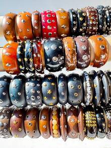 10/7/5/3/1件（小号）随机颜色朋克风银色铆钉树脂木质手镯，不对称树脂石星星手镯 - 彩色 - 查看 6