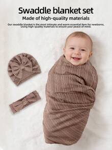 3pcs/Set Upgraded 1-6 Months Baby Swaddle Blanket Set, Newborn Swaddle Wrap Jacquard Blanket Set With Bowknot Headband, Unisex Baby Shower Gift, All Season