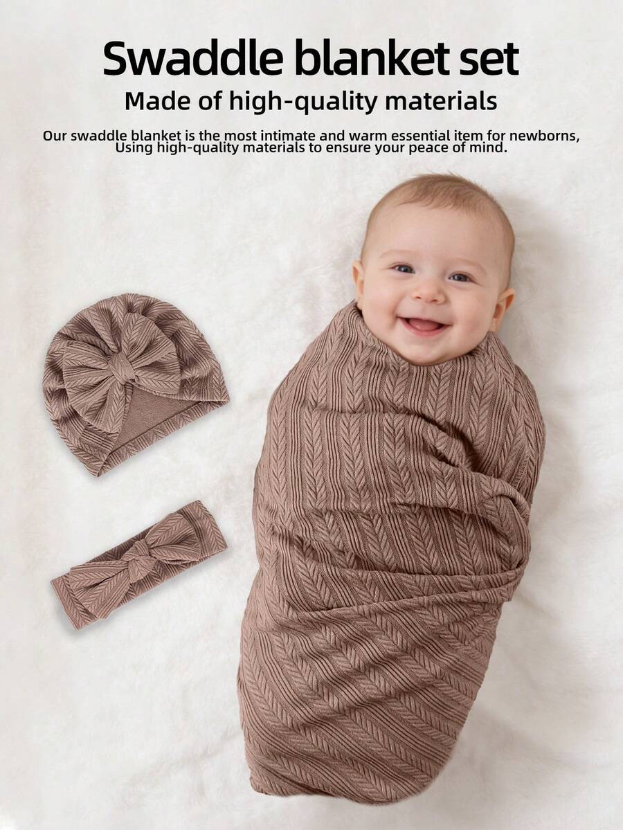 3pcs/Set Upgraded 1-6 Months Baby Swaddle Blanket Set, Newborn Swaddle Wrap Jacquard Blanket Set With Bowknot Headband, Unisex Baby Shower Gift, All Season