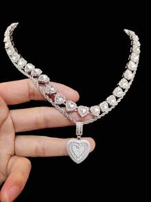 Bộ 1 dây chuyền mặt hình trái tim đính đá Cubic Zirconia và dây chuyền hình trái tim 10mm, bộ trang sức thời trang phong cách hip hop dành cho nữ, thích hợp đeo hàng ngày hoặc dự tiệc, quà tặng ngày Valentine. - Vàng - Xem 3
