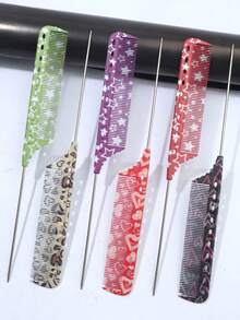 Star Heart Pattern Rat Tail Comb, Anti-Static Plastic, Easy Clean For Curly Wavy Hair, Salon & Home Use - Multicolor - View 1