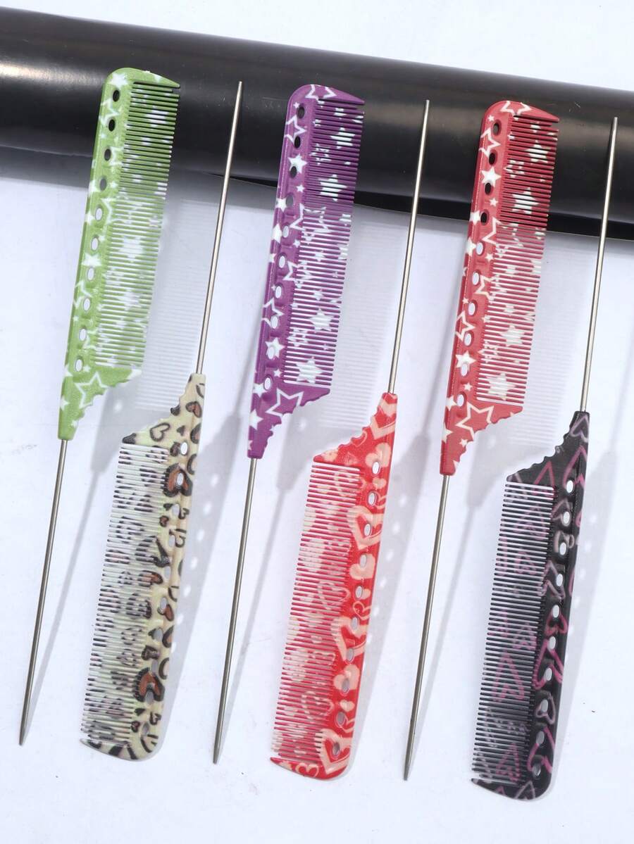 Star Heart Pattern Rat Tail Comb, Anti-Static Plastic, Easy Clean For Curly Wavy Hair, Salon & Home Use - Multicolor - View 1