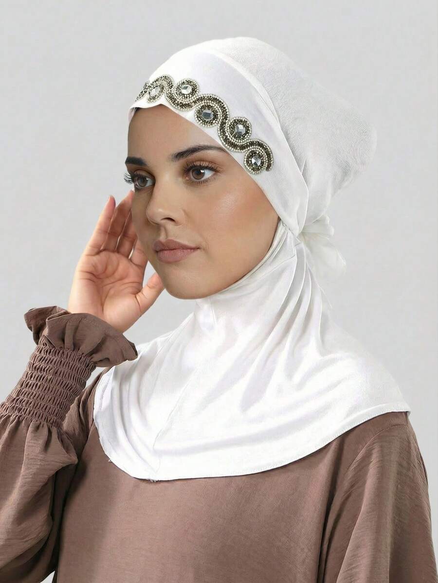 1pc Women's Solid Color Wavy Rhinestone Balaclava Hat, Made Of Modal Fabric, Hot-Fix Rhinestones, Soft & Comfortable Beanie Headscarf, Adjustable Drawstring Headwrap, Fashionable & Versatile Scarf Lining Hat, Suitable For Daily Wear