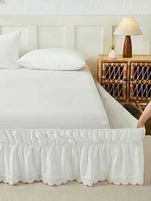 1pc Pink Ruffled Embroidered Bed Skirt, Minimalist Classic Style, Comfortable Breathable Polyester Fabric, Suitable For All Seasons, Ideal For Bedroom Decor And Home Furnishing, Ruffle Trim Bedding, Minimalist Decor, Bed Skirt Design, Neutral Tone, Seasonal Home Decor - Multicolor - View 8