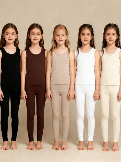 10件套时尚可爱纯色休闲吊带背心和打底裤套装，专为年轻女孩设计。弹力针织柔软纯色吊带背心搭配修身打底裤，休闲简约风格，适合户外活动、玩耍、舞蹈、瑜伽、上学、聚会以及春夏日常休闲穿着。