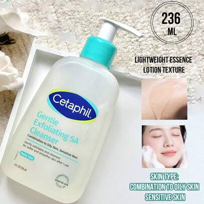 Cetaphil 236毫升正装/29毫升旅行装，温和去角质水杨酸洁面乳，适合混合性至油性肌肤及敏感肌肤。秋冬季温和去角质，帮助改善肤质，减少瑕疵，轻柔平衡油脂分泌，适合油性、易长痘及敏感肌肤。温和去角质，清洁肌肤，使用一次即可令肌肤更柔软光滑。