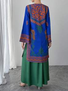 2 piezas Conjunto de mujer, Parte superior corta con mangas acampanadas y cuello cuadrado con estampado de ubicación azul + Falda de cintura elástica verde, Conjunto formal elegante de estilo árabe de lujo con contraste de colores para fiesta, vacaciones y uso diario en primavera - Azul - Ver 2