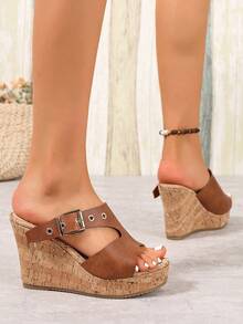 Women's Fashionable Versatile Buckle Design Thick Bottom Wedge Sandals For Daily Wear - Brown - View 4