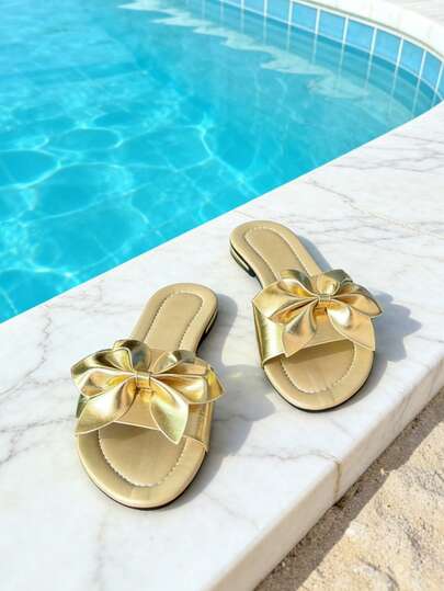 Women's Gold Bow Flat Slides Sandals Elegant Versatile Summer Slip On Round Toe Open Toes Wide Strap Sandals Simple Lightweight Comfortable For Daily Home Casual Outdoor Walks Beach Vacations, Fashion Metallic Hue Dress Sandals