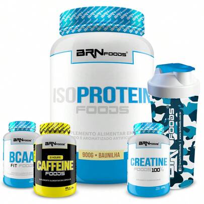 BODYBUILDERS Kit Iso Protein 900g + Creatina 100% 100g + BCAA Fit Foods 100g + 8 Hours Caffeíne 60 Caps. + Coqueteleira