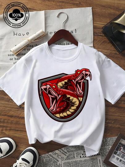 Women's Short Sleeve Graphic Print T-Shirt Casual Crew Neck Double Snake Shield Pattern Streetwear Tee Top For Summer Daily Wear