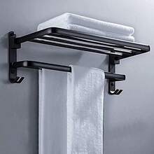 ANNA TOSANI Accesorios de Bao, Estante de Toallas Plegable de Pared, Toallero de Acero Inoxidable Negro, 58cm con Barras y Ganchos, Ideal para Bao y Cocina - como se muestra en la figura - Ver 2